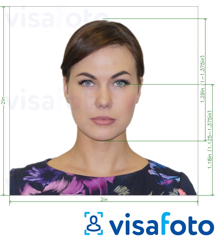Exemplu de fotografie pentru Spania Visa 2x2 inch (Consulatul SUA din Chicago) cu aceeași dimensiune indicată