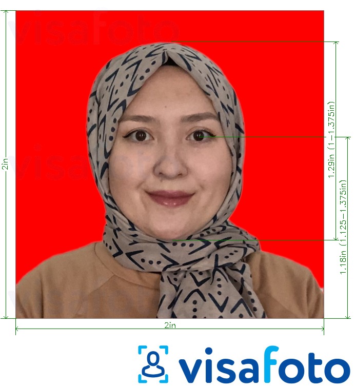 Exemplu de fotografie pentru Indonezia pașaport 51x51 mm (2x2 inch) fundal roșu cu aceeași dimensiune indicată