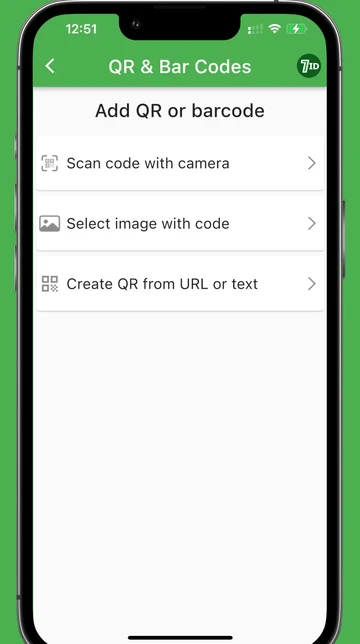 Add a QR code or a Bar code with your camera, from your gallery or from URL