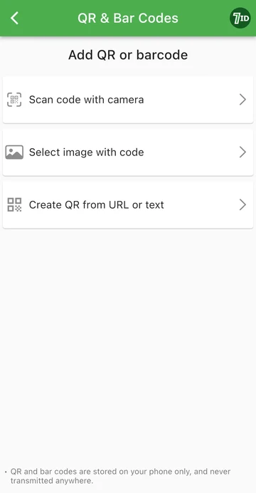 אפליקציית 7ID: הוסף QR או ברקוד