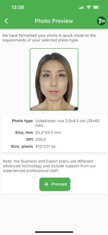 Aplikacija 7ID: Primjer fotografije za uzbekistansku vizu