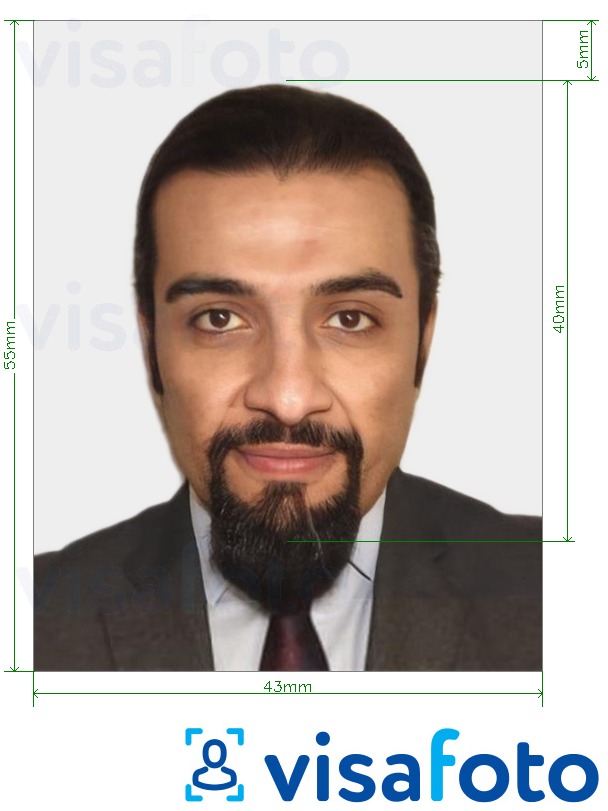 Exemplu de fotografie pentru UAE Visa offline 43x55 mm cu aceeași dimensiune indicată