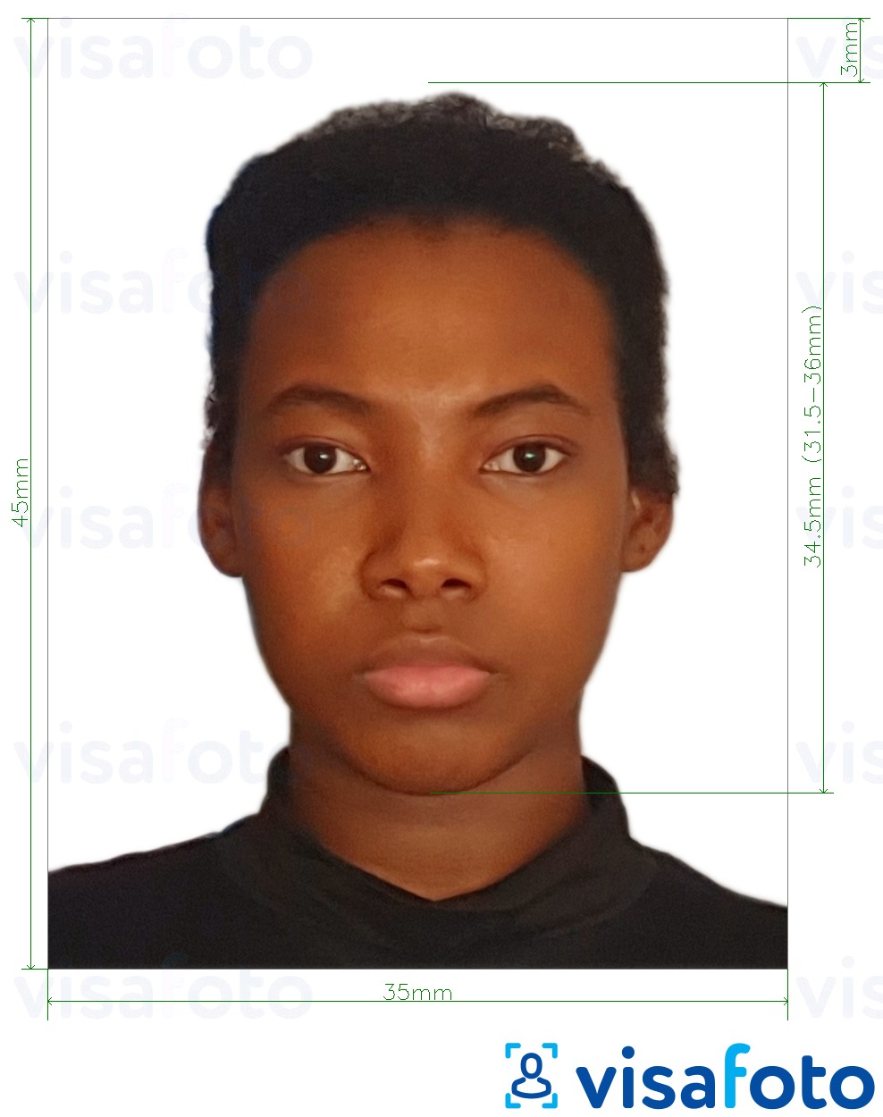 Exemplu de fotografie pentru Burkina Faso pașaport 4.5x3.5 cm (45x35 mm) cu aceeași dimensiune indicată