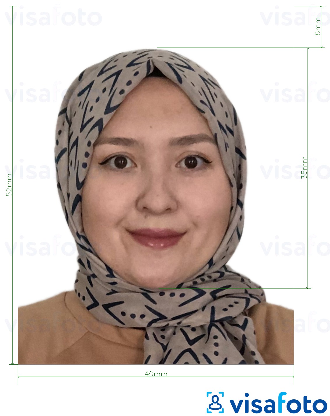 Exemplu de fotografie pentru Brunei pașaport 5.2x4 cm (52x40 mm) cu aceeași dimensiune indicată