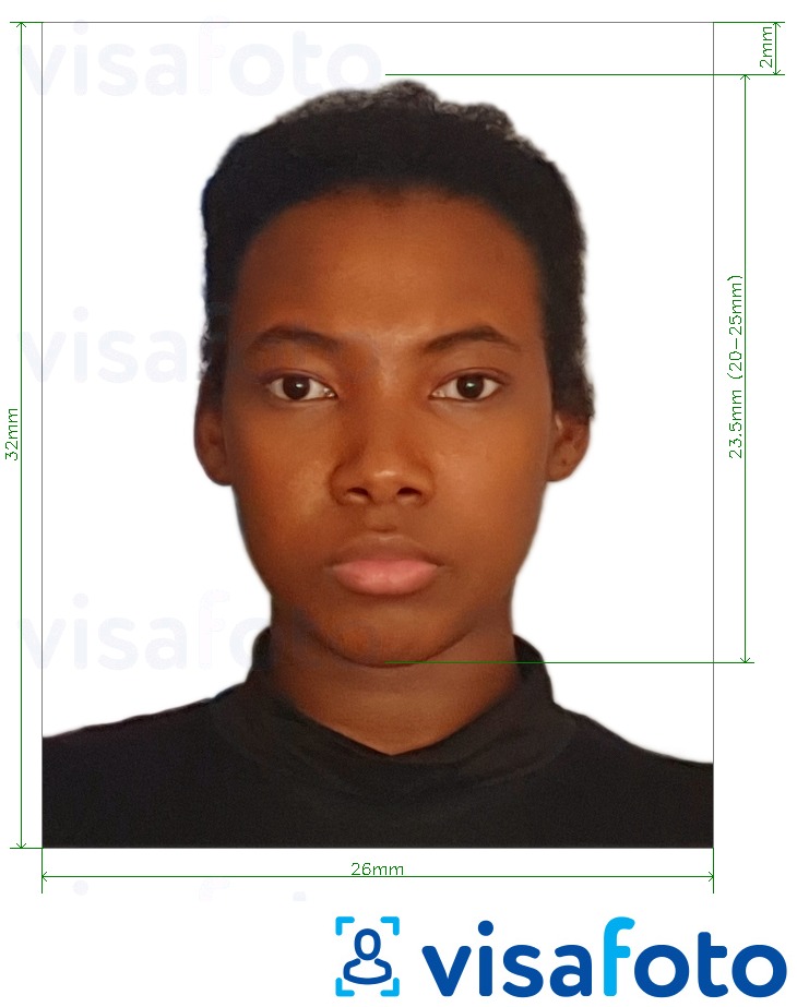 Exemplu de fotografie pentru Pașaport Guyana 32x26 mm (1,26x1,02 inch) cu aceeași dimensiune indicată
