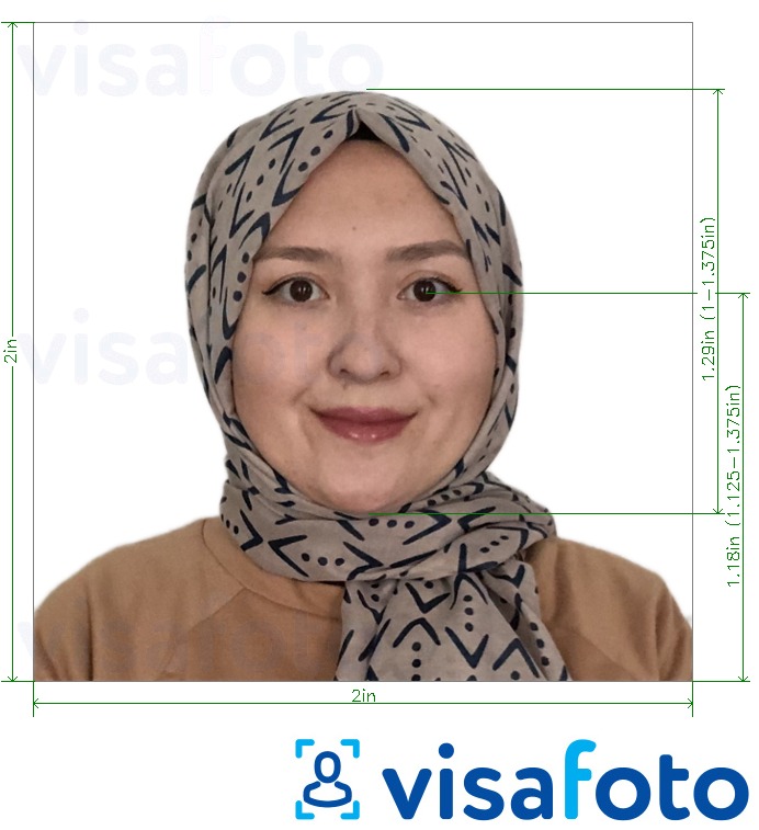 Exemplu de fotografie pentru Indonezia pașaport 51x51 mm (2x2 inch) fundal alb cu aceeași dimensiune indicată