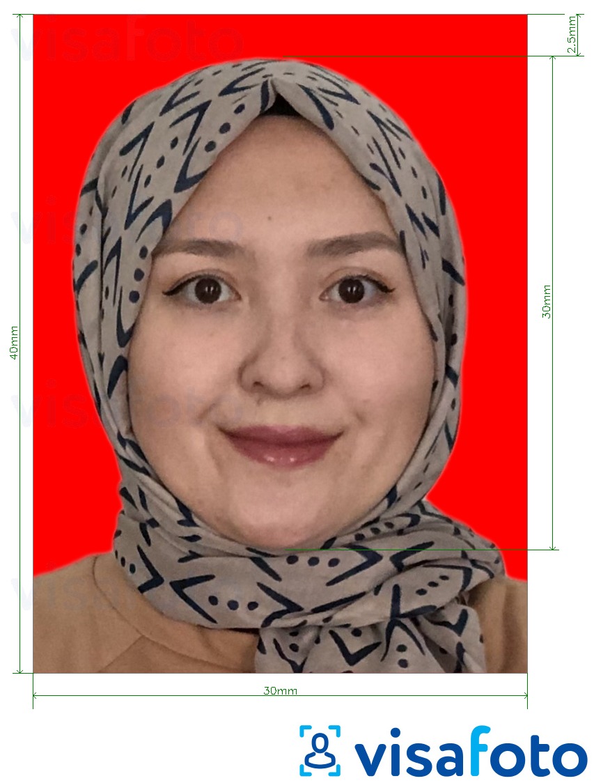 Exemplu de fotografie pentru Indonezia viza 3x4 cm (30x40 mm) fundal roșu on-line cu aceeași dimensiune indicată