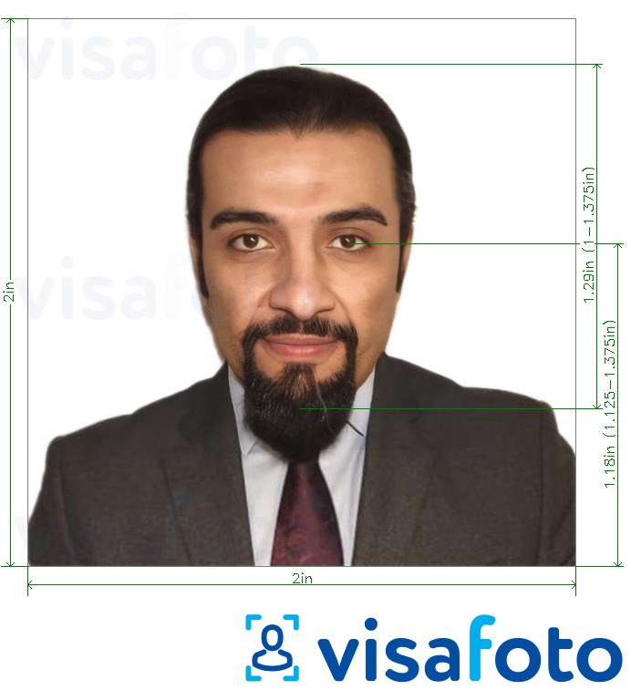 Exemplu de fotografie pentru Irak, pașaport 5x5 cm (51x51 mm, 2x2 țoli) cu aceeași dimensiune indicată