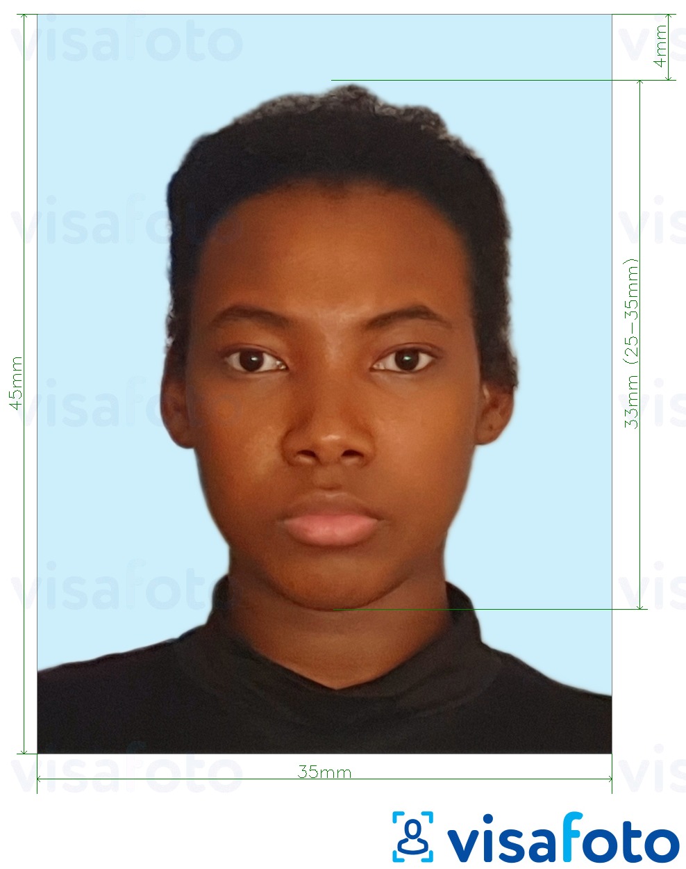 Exemplu de fotografie pentru Pașaport Jamaica 35x45 mm fundal albastru pal cu aceeași dimensiune indicată