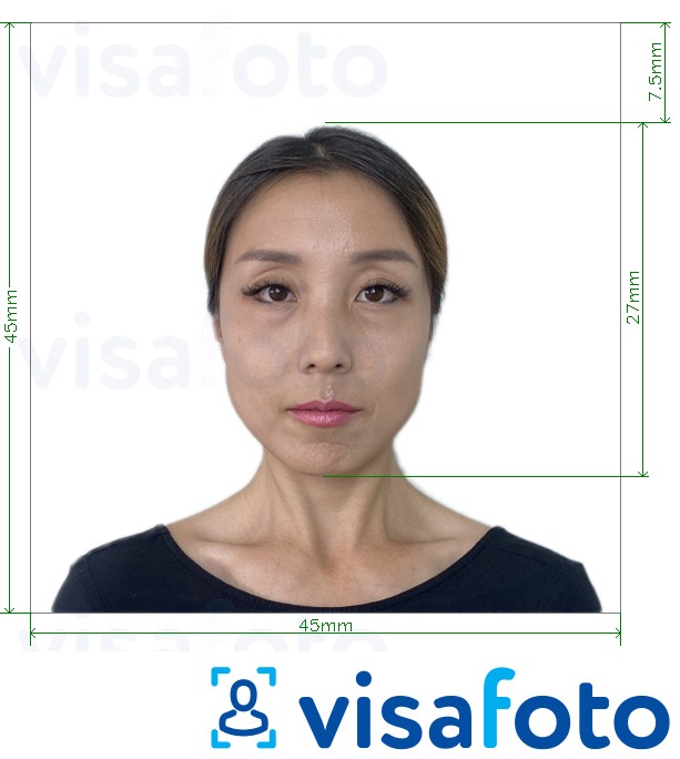 Exemplu de fotografie pentru Japonia Visa 45x45mm, cap 27 mm cu aceeași dimensiune indicată