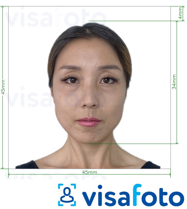 Exemplu de fotografie pentru Japonia Visa 45x45mm, cap 34 mm cu aceeași dimensiune indicată