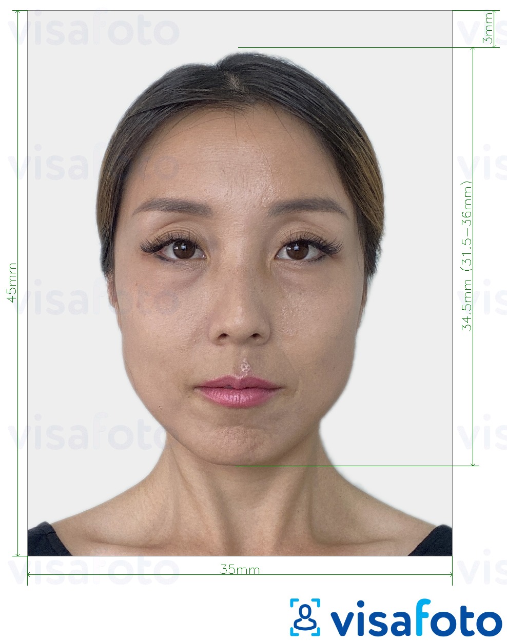 Exemplu de fotografie pentru Pașaportul Coreea de Sud 35x45 mm (3,5x4,5 cm) cu aceeași dimensiune indicată
