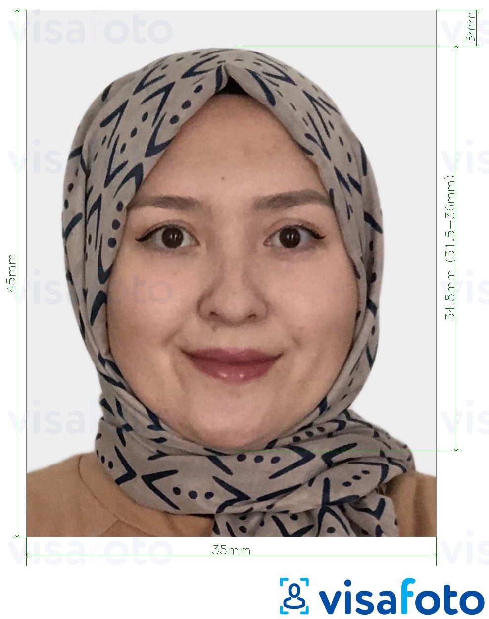 Exemplu de fotografie pentru Kazahstan Visa 35x45 mm (3,5x4,5 cm) cu aceeași dimensiune indicată