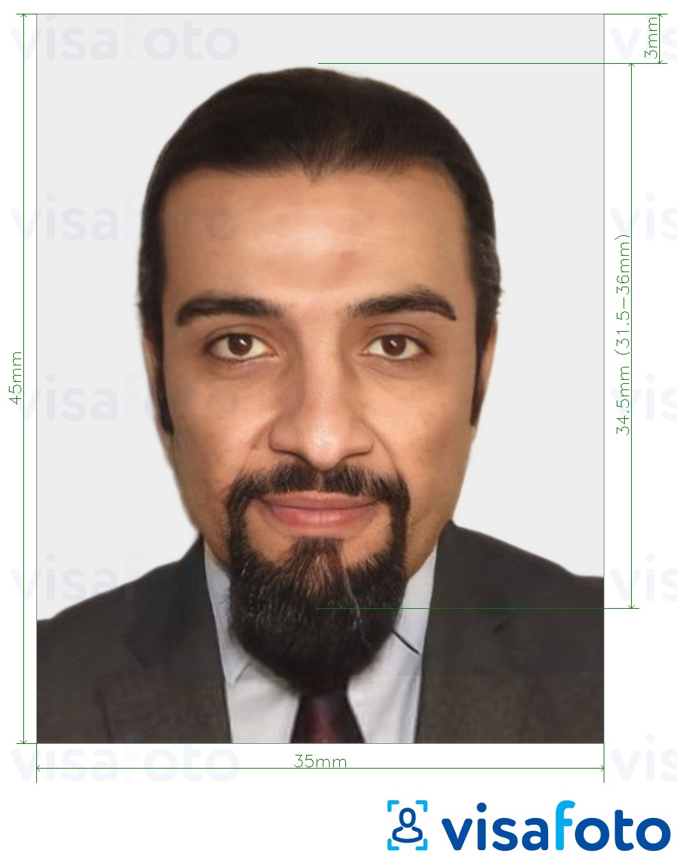 Exemplu de fotografie pentru Mauritania pașaport 35x45 mm (3,5x4,5 cm) cu aceeași dimensiune indicată