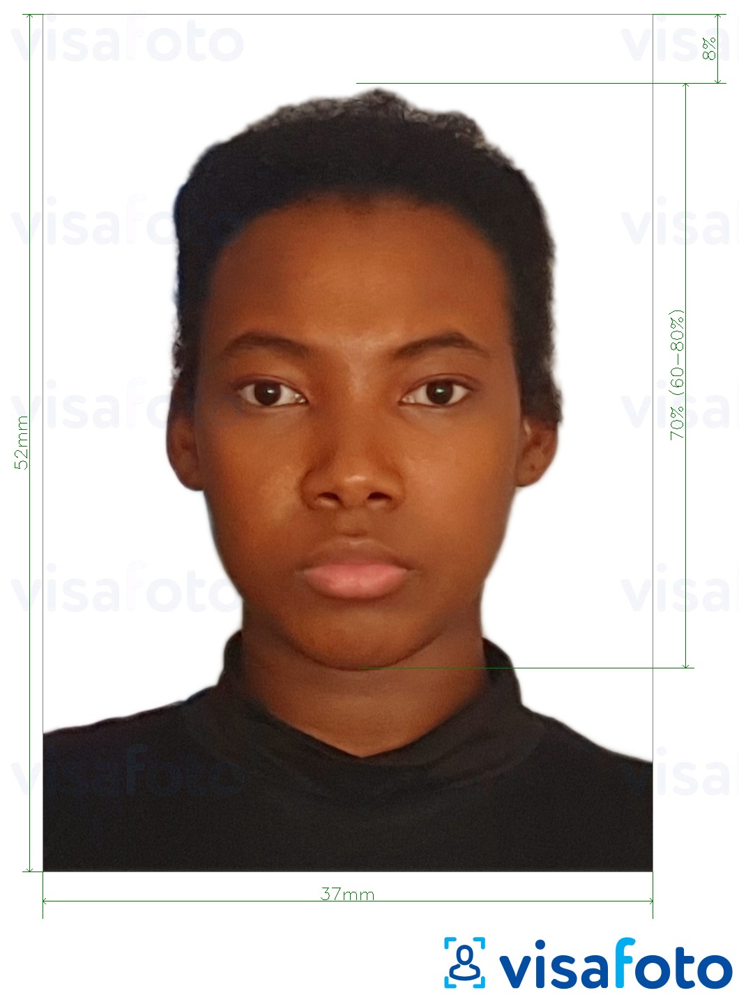 Exemplu de fotografie pentru Namibia pașaport 37x52mm (3.7x5.2 cm) cu aceeași dimensiune indicată