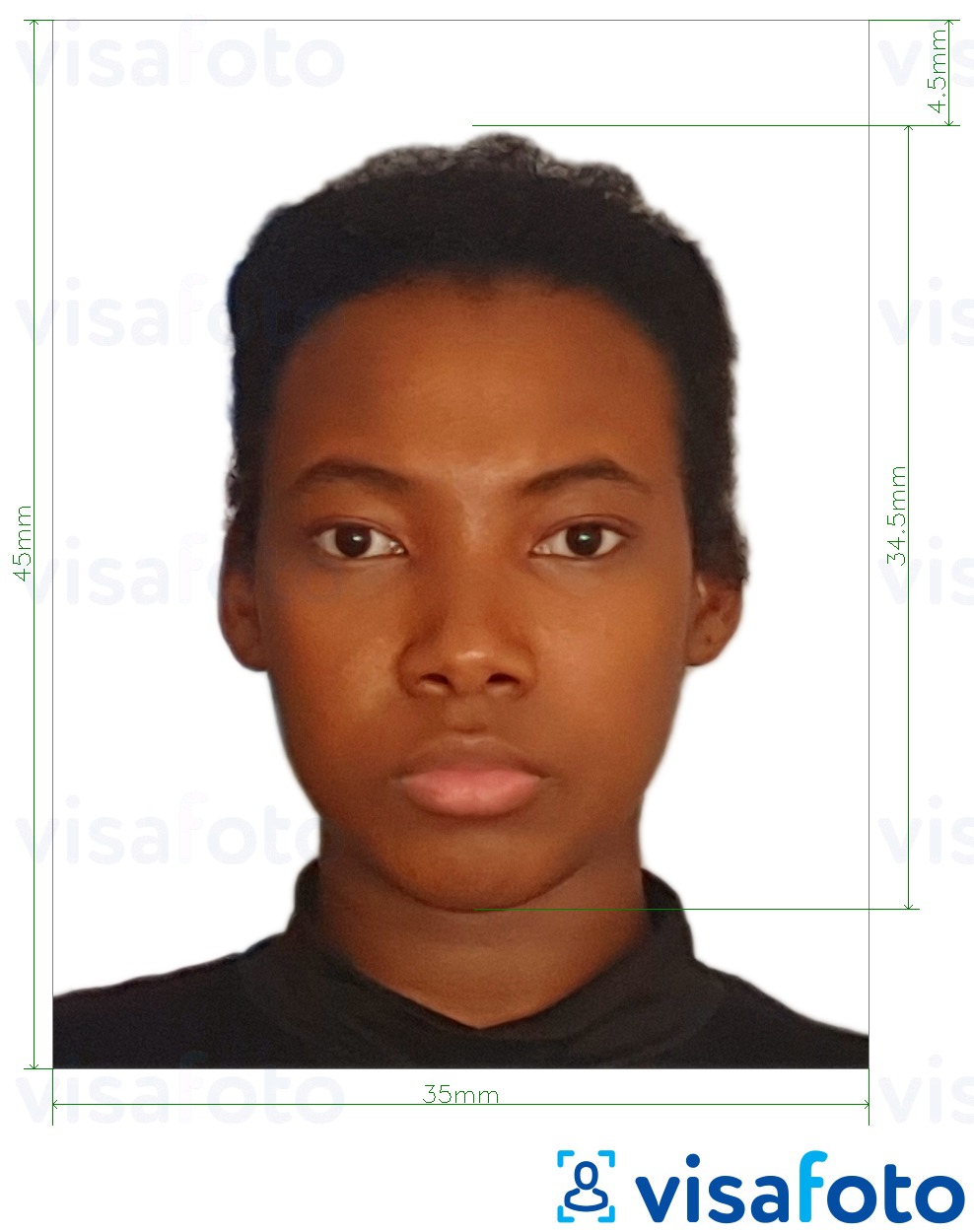 Exemplu de fotografie pentru Pașaport Nigeria 35x45 mm cu aceeași dimensiune indicată