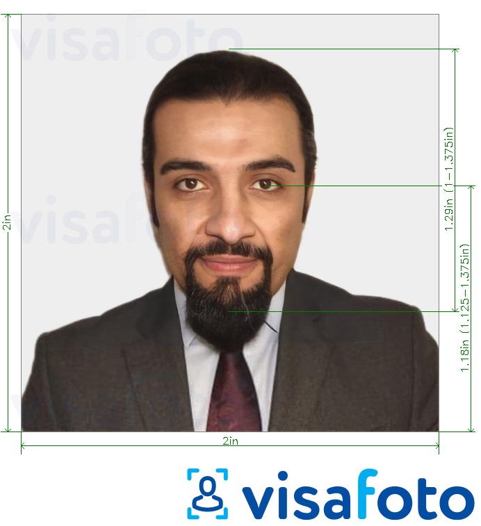 Exemplu de fotografie pentru Pașaport din Qatar 2 x 2 țoli (51 x 51 mm) cu aceeași dimensiune indicată