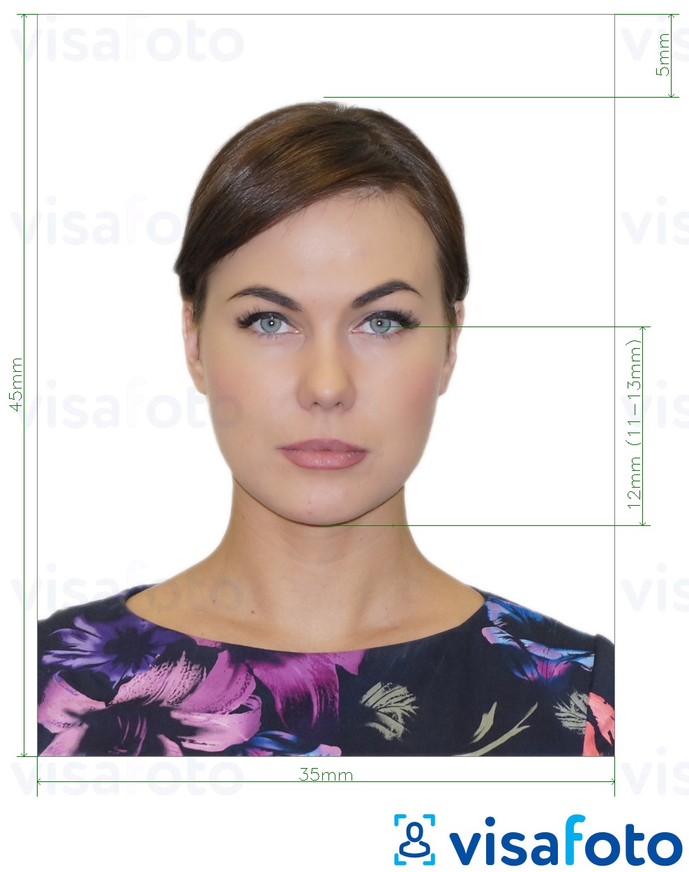 Exemplu de fotografie pentru Rusia pașaport (ochii la partea de sus a bărbie 12 mm), 35x45 mm cu aceeași dimensiune indicată