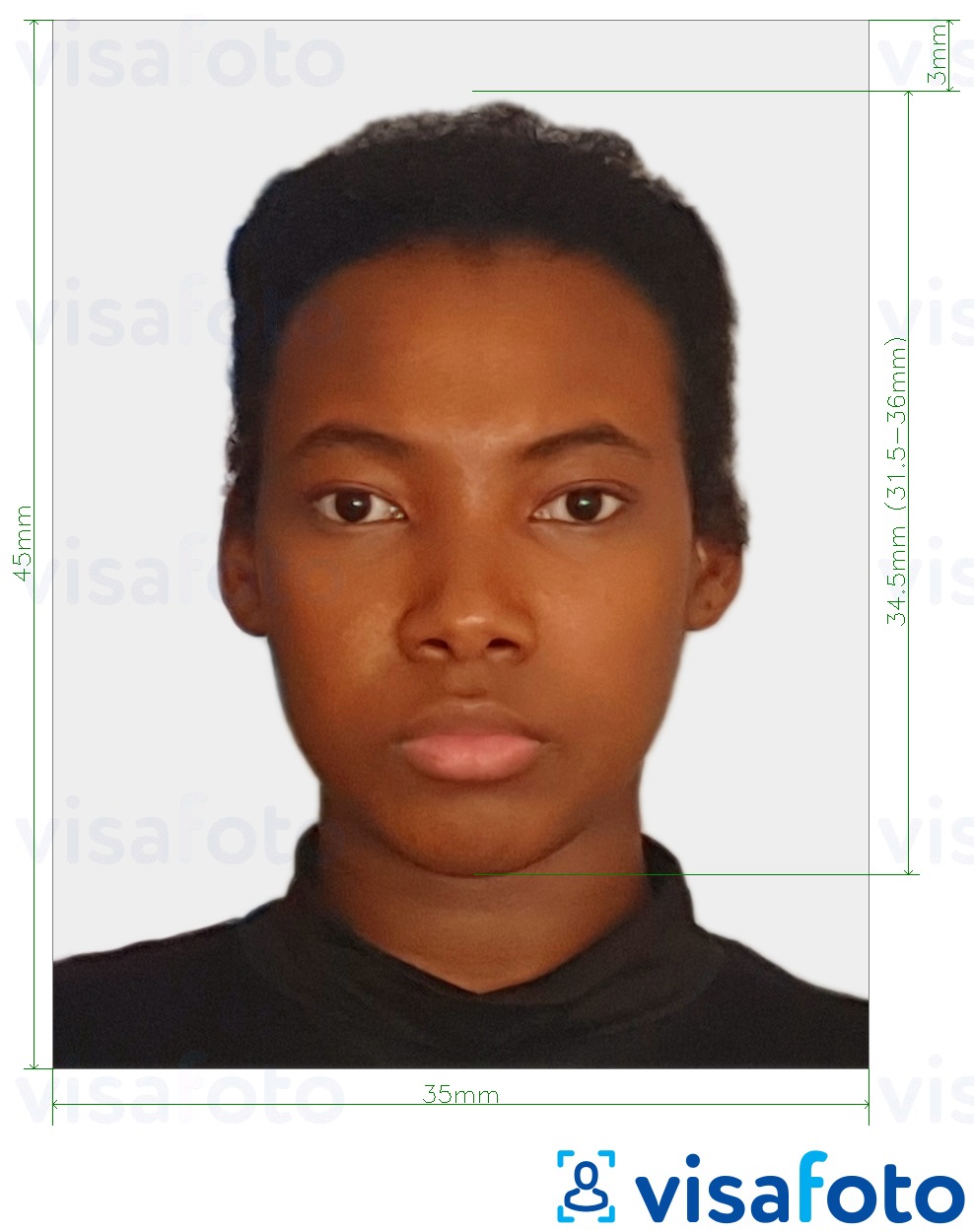 Exemplu de fotografie pentru Surinam pașaport 45x35 mm (1,77x1,37 inch) cu aceeași dimensiune indicată