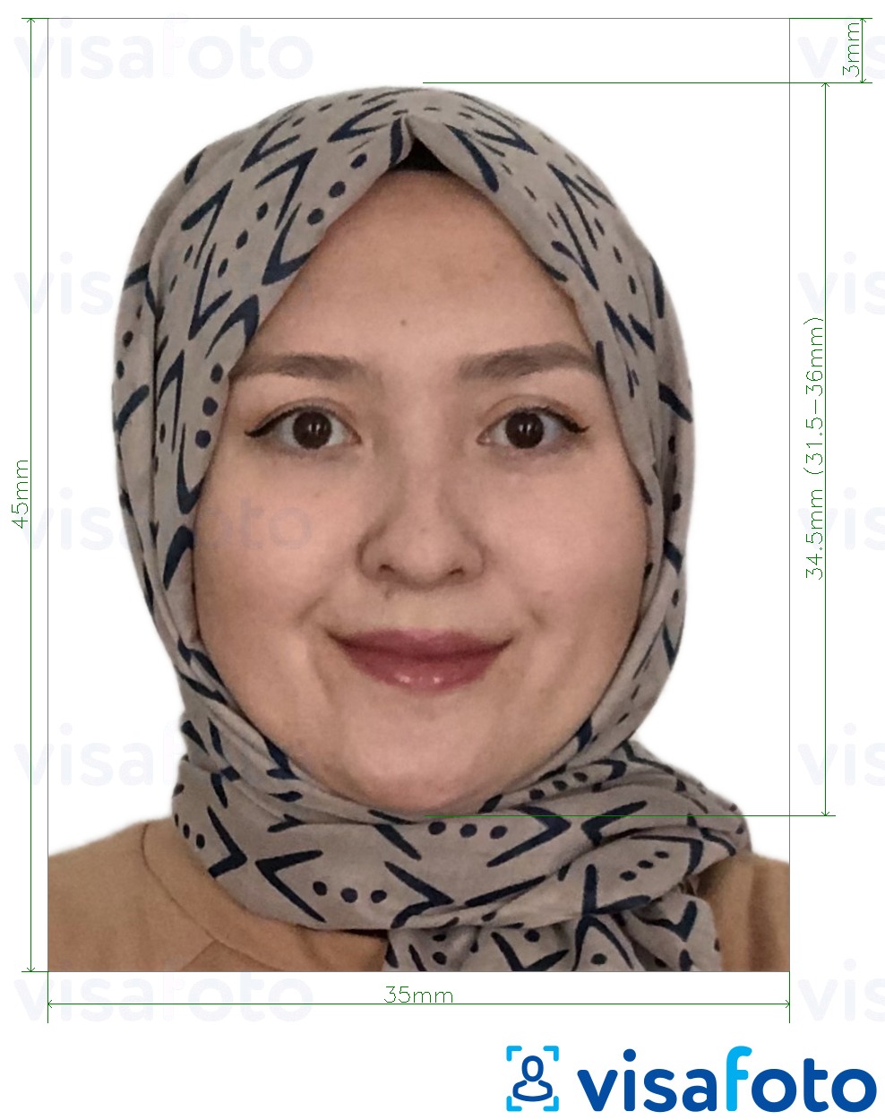 Exemplu de fotografie pentru Tajikistan pașaport 3,5x4,5 cm (35x45 mm) cu aceeași dimensiune indicată