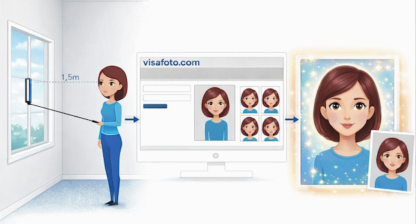 Fă o fotografie cu un smartphone sau aparat de fotografiat pe un perete luminat, încarc-o aici și obține o fotografie adecvată pentru viza, pașaportul sau buletinul tău de identitate.