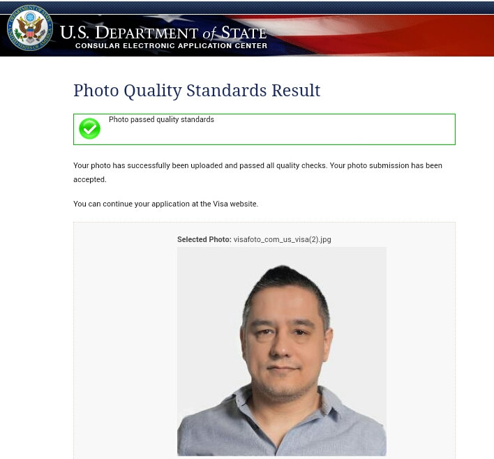 US visa de încărcare fotografie ecran de succes